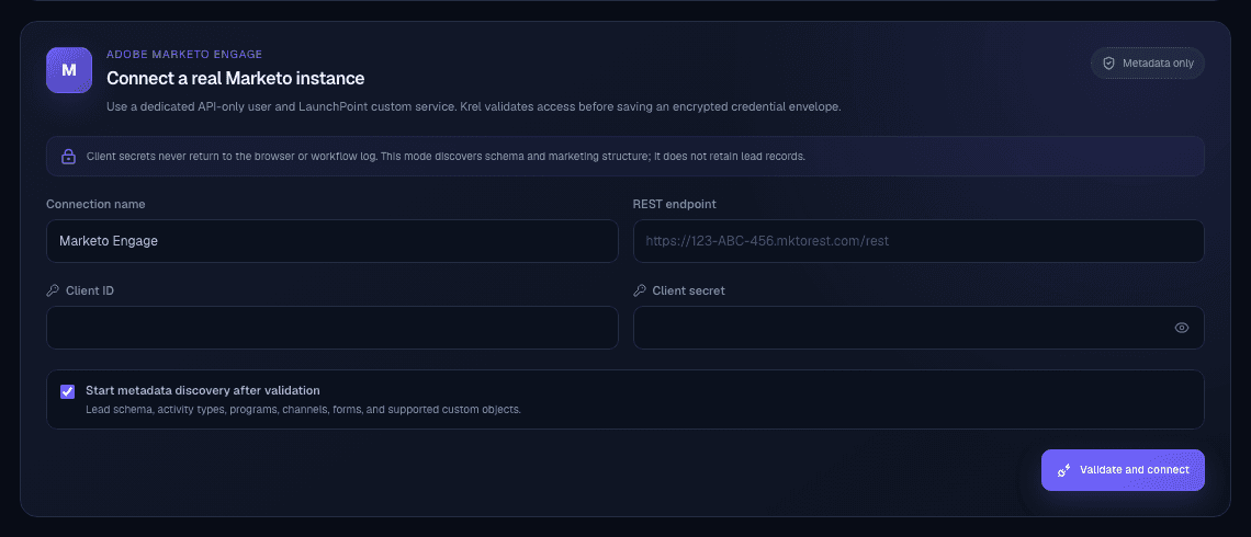 Krel’s Marketo connection screen with instance URL and encrypted credential setup controls.